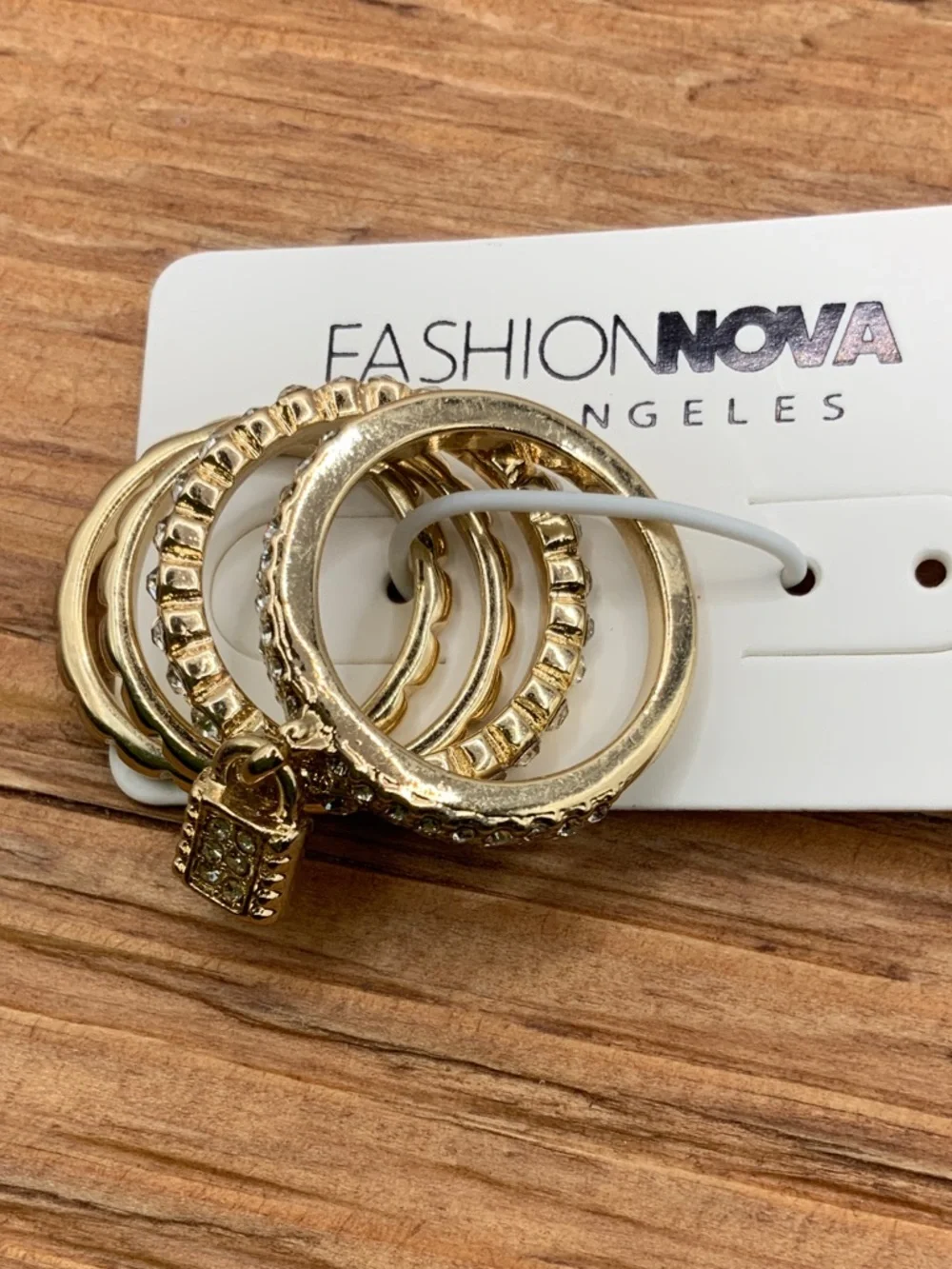Fashion Nova Locked Away Gold Pavé Stackable Lock & Stud Ring Set